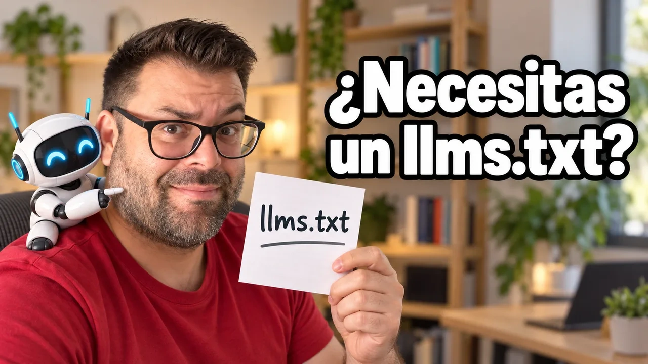 Alejandro con gesto de duda sostiene una hoja con el nombre llms.txt mientras un robot blanco le señala desde el hombro, bajo el titular ¿Necesitas un llms.txt?