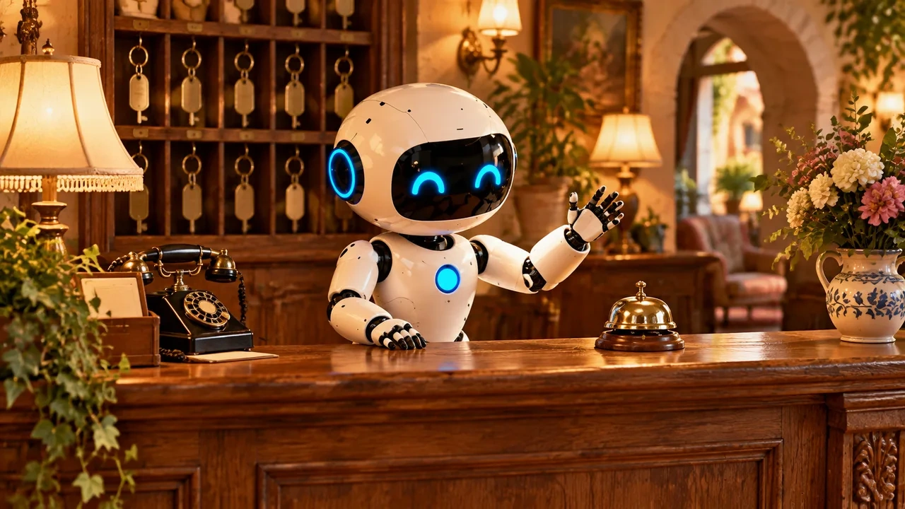 Robot blanco tras el mostrador de recepción de un pequeño hotel, junto a una campanilla, un panel de llaves y un teléfono antiguo