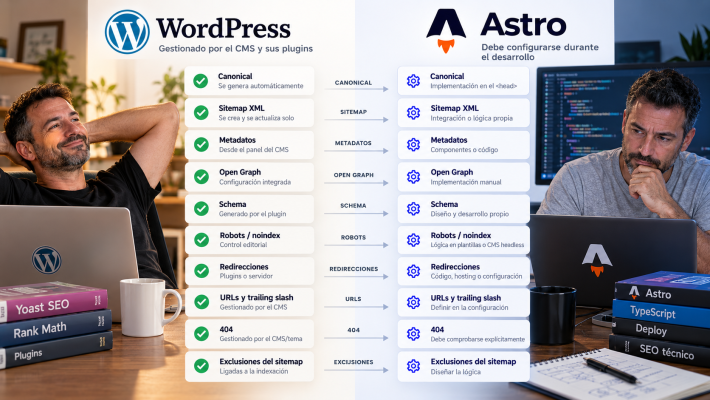 Diferencias de responsabilidad SEO entre un CMS tradicional y un framework estático como Astro.