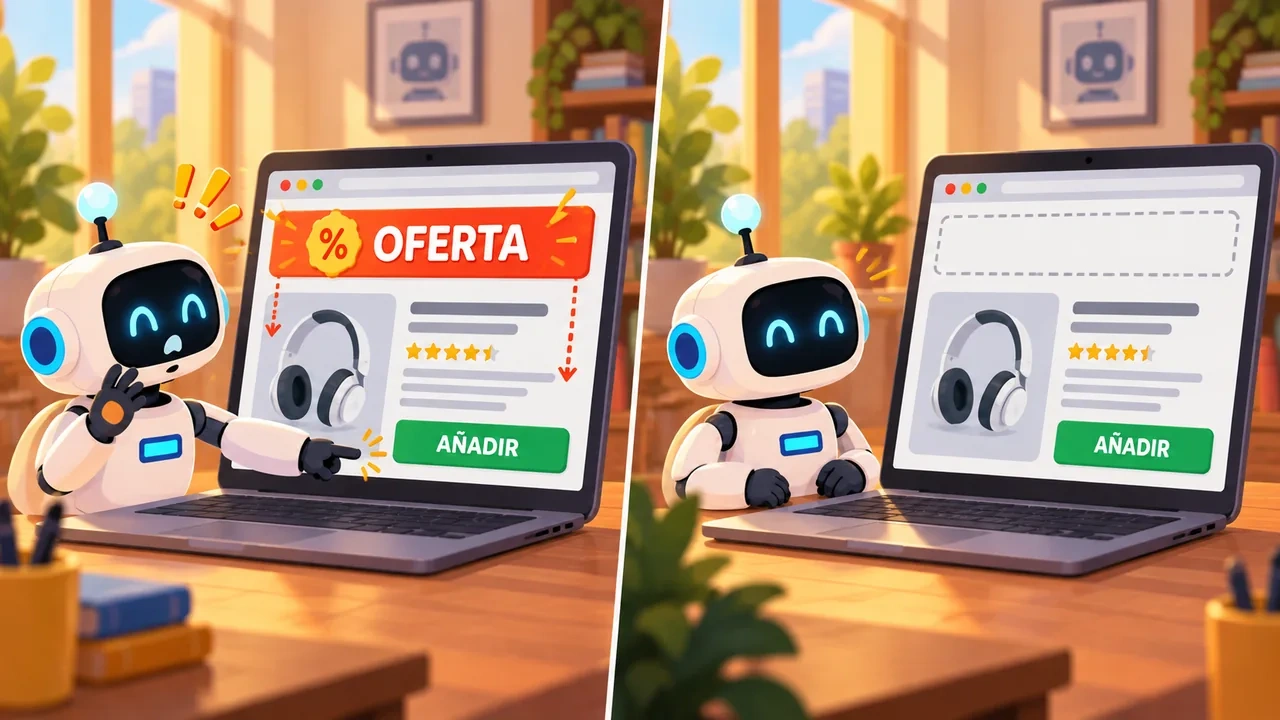 Dos portátiles con la misma ficha de producto: en el primero un banner OFERTA empuja el botón AÑADIR hacia abajo y el robot se asusta, en el segundo hay un hueco reservado para el banner y todo queda en su sitio