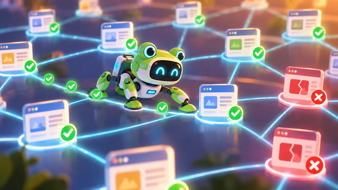 Un robot rana verde recorre los enlaces entre páginas web y marca con tics verdes las sanas y con cruces rojas las rotas