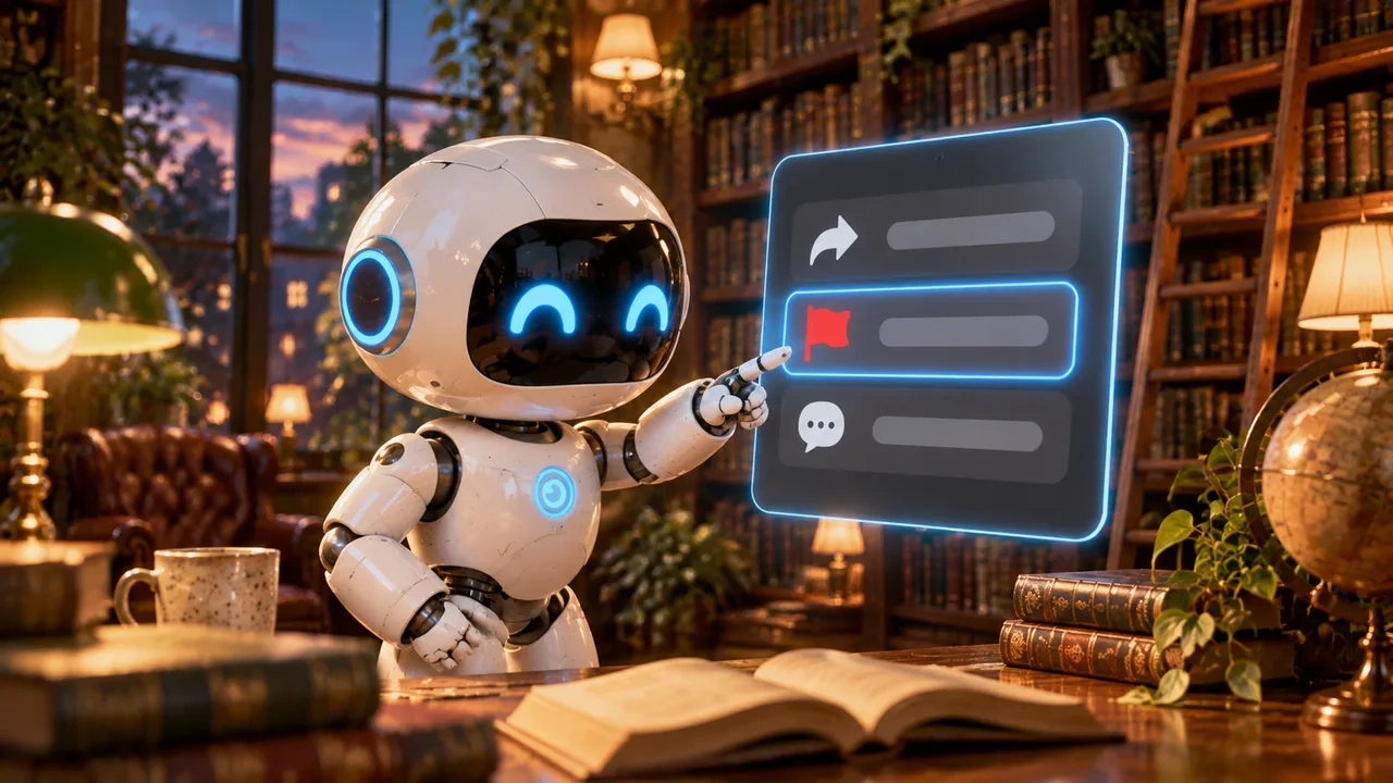 Un robot en una biblioteca señala un menú de tres opciones con la de la bandera roja resaltada.