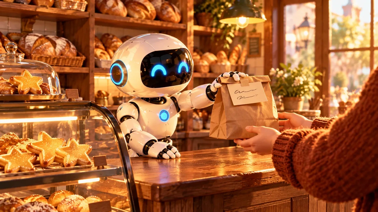 Un robot blanco entrega una bolsa de papel con una nota escrita a mano sobre el mostrador de una panadería, junto a galletas con forma de estrella.