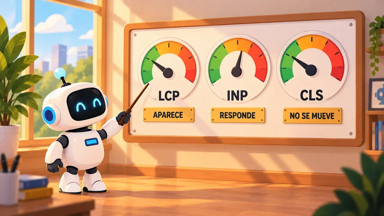 Un robot señala con un puntero tres medidores con zonas verde, naranja y roja etiquetados LCP, INP y CLS, con los carteles APARECE, RESPONDE y NO SE MUEVE