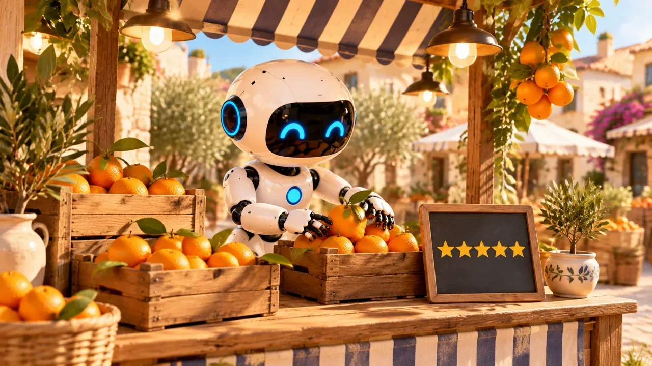 Un robot blanco coloca naranjas en las cajas de un puesto de mercado con toldo a rayas, junto a una pizarra con cinco estrellas dibujadas.