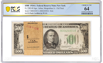 1934A $500 1st US PCGS Pack Choice UNC 64