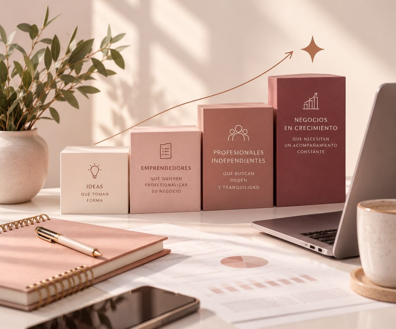 Escalera de cuatro bloques: ideas que toman forma, emprendedores, profesionales independientes y negocios en crecimiento, con una flecha que sube hasta una estrella