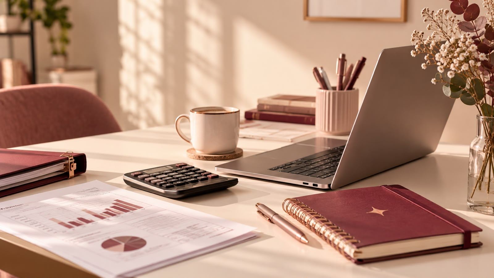Escritorio con una taza de café, notebook, calculadora e informes