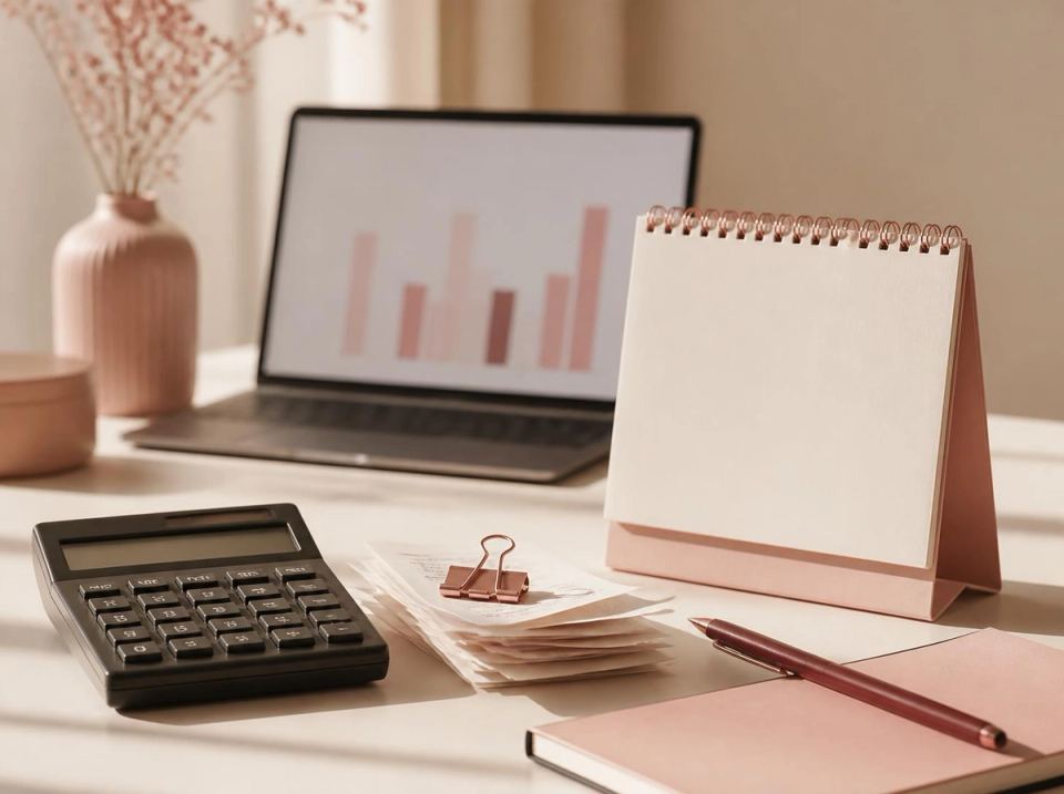 Escritorio con calculadora, comprobantes y calendario