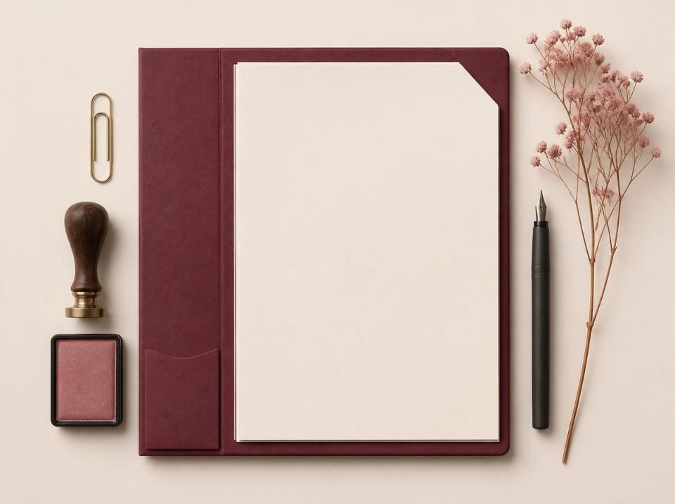 Carpeta borravino con formulario, sello y lapicera