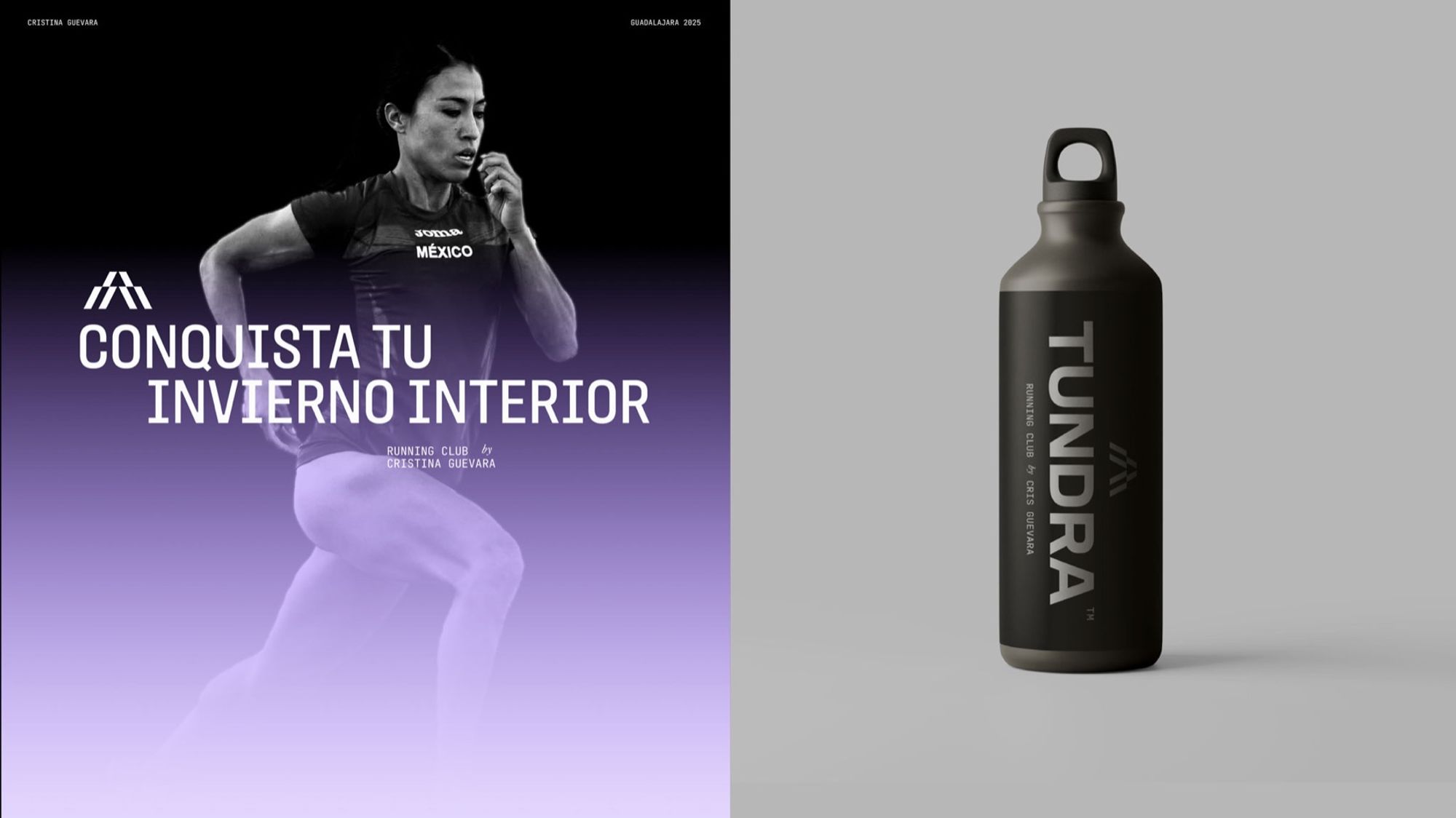 Póster con una corredora y el lema Conquista tu invierno interior, junto a una botella negra