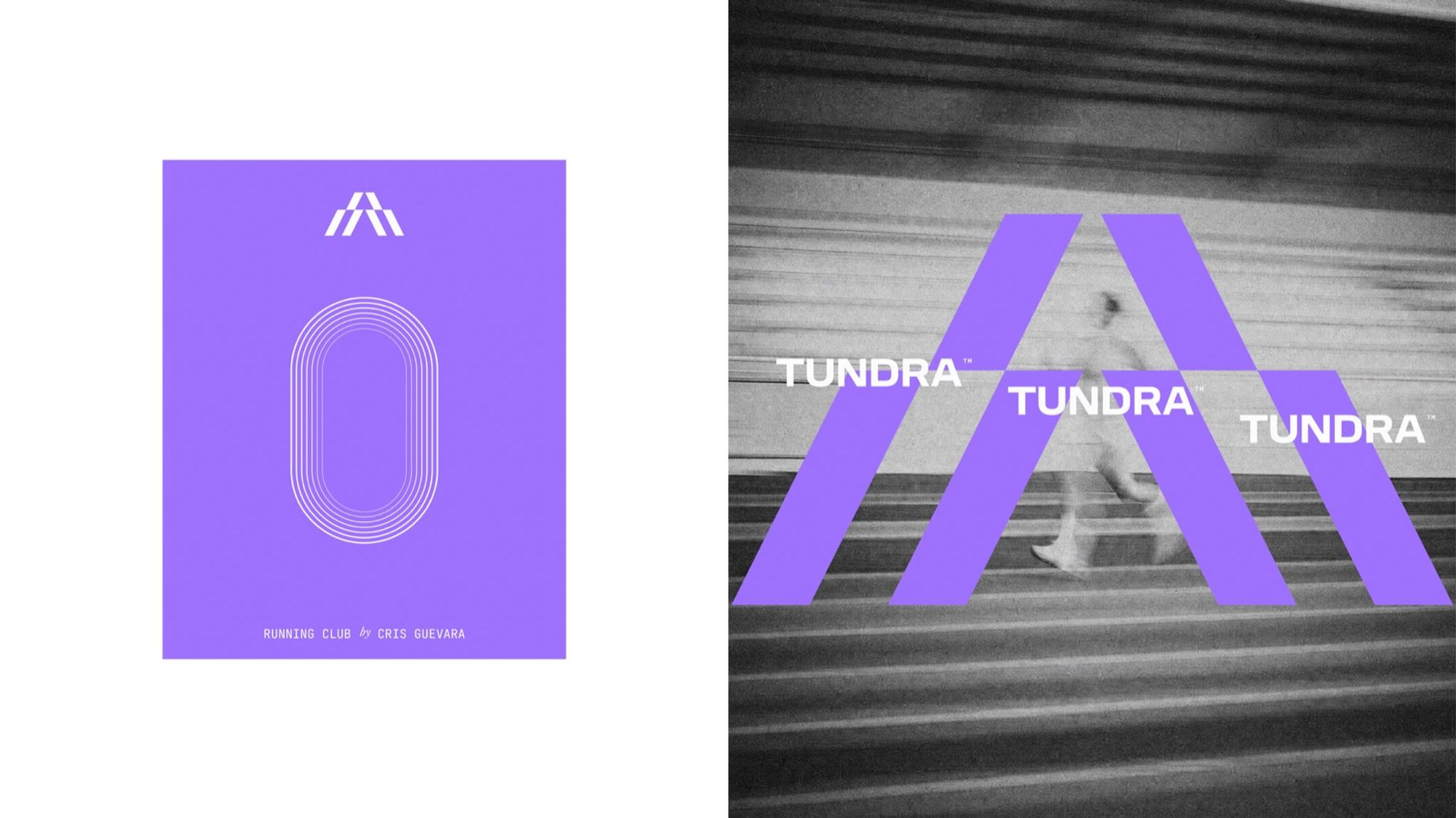 Cartel violeta con una pista y composición del símbolo sobre un corredor
