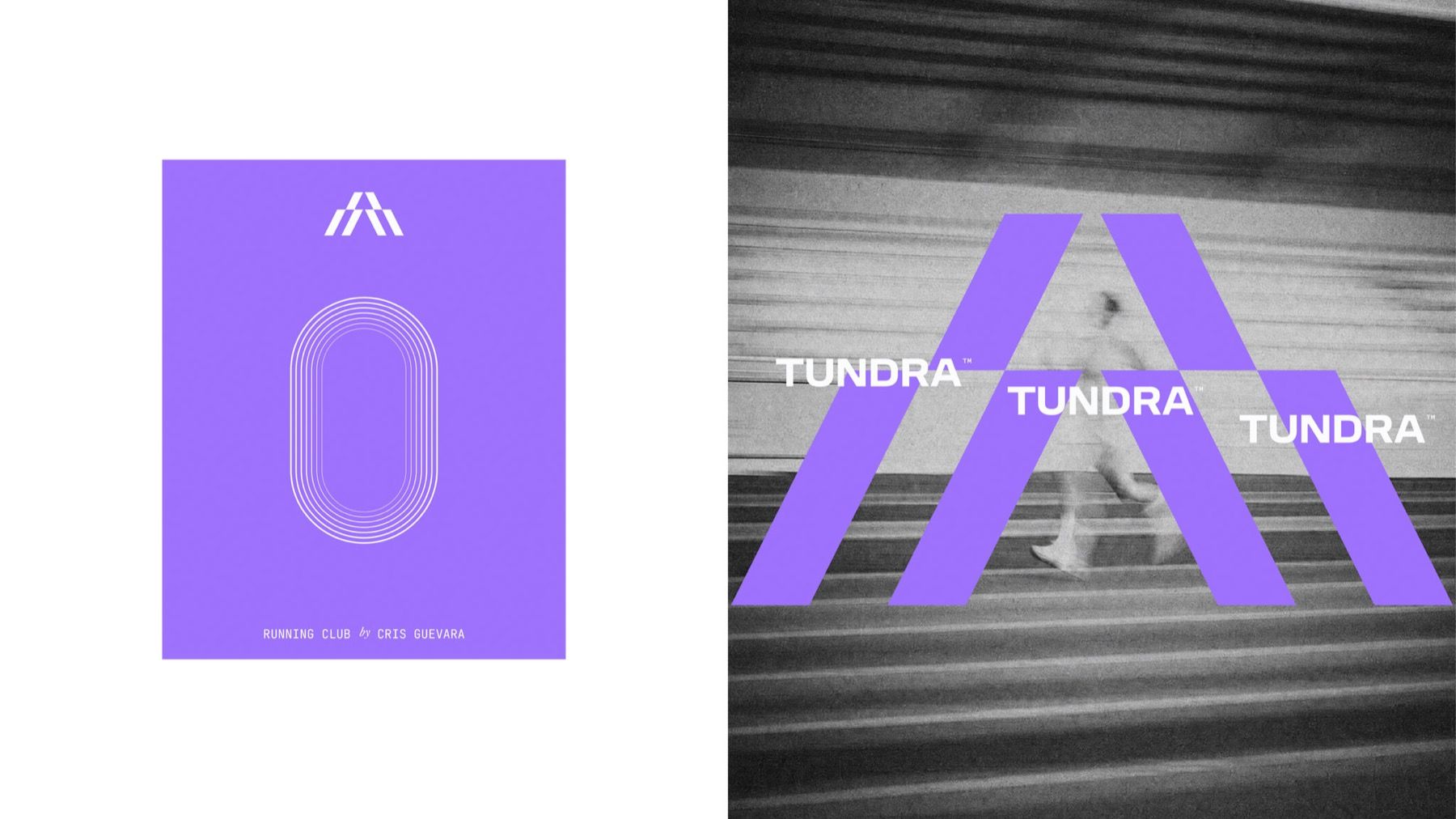 Cartel violeta con una pista y composición del símbolo sobre un corredor