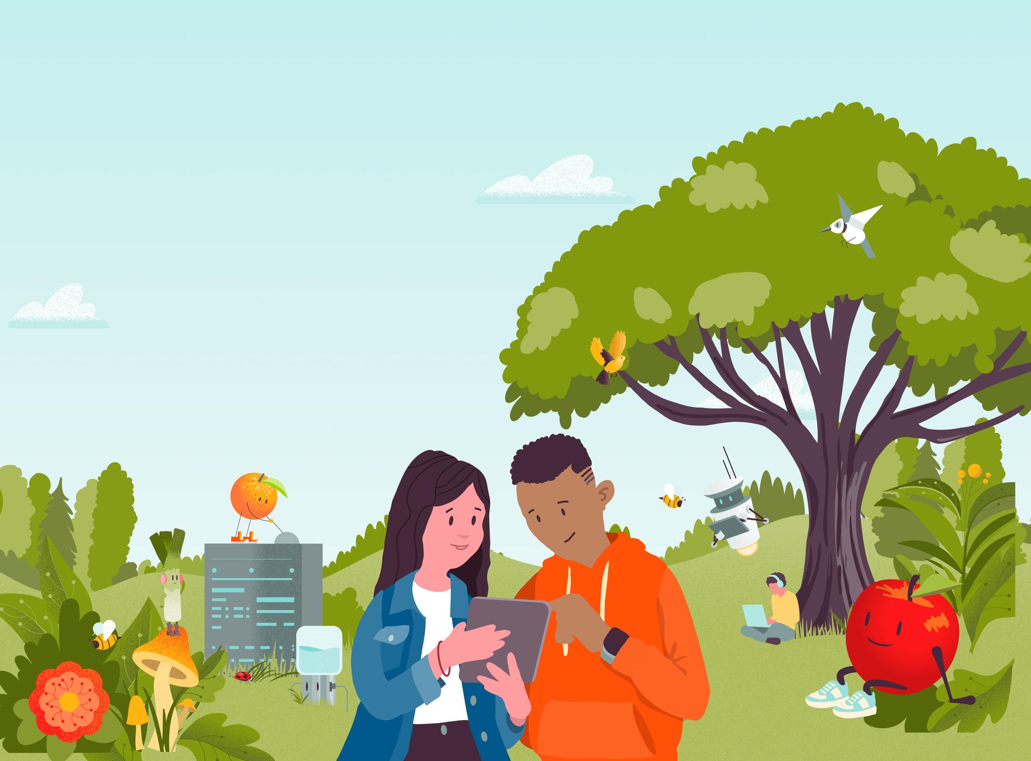 Two students share a tablet in an illustrated garden, surrounded by friendly fruit and vegetable characters, birds and a small robot beneath a large tree.