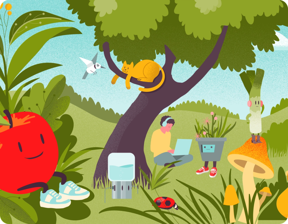 An illustrated garden: a person sits reading under a large tree with a cat asleep on a branch, beside a smiling apple and a screen-faced planter.