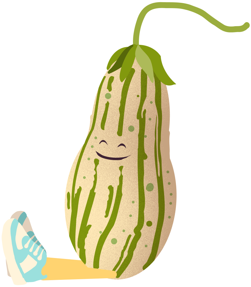 A smiling striped zucchini character.