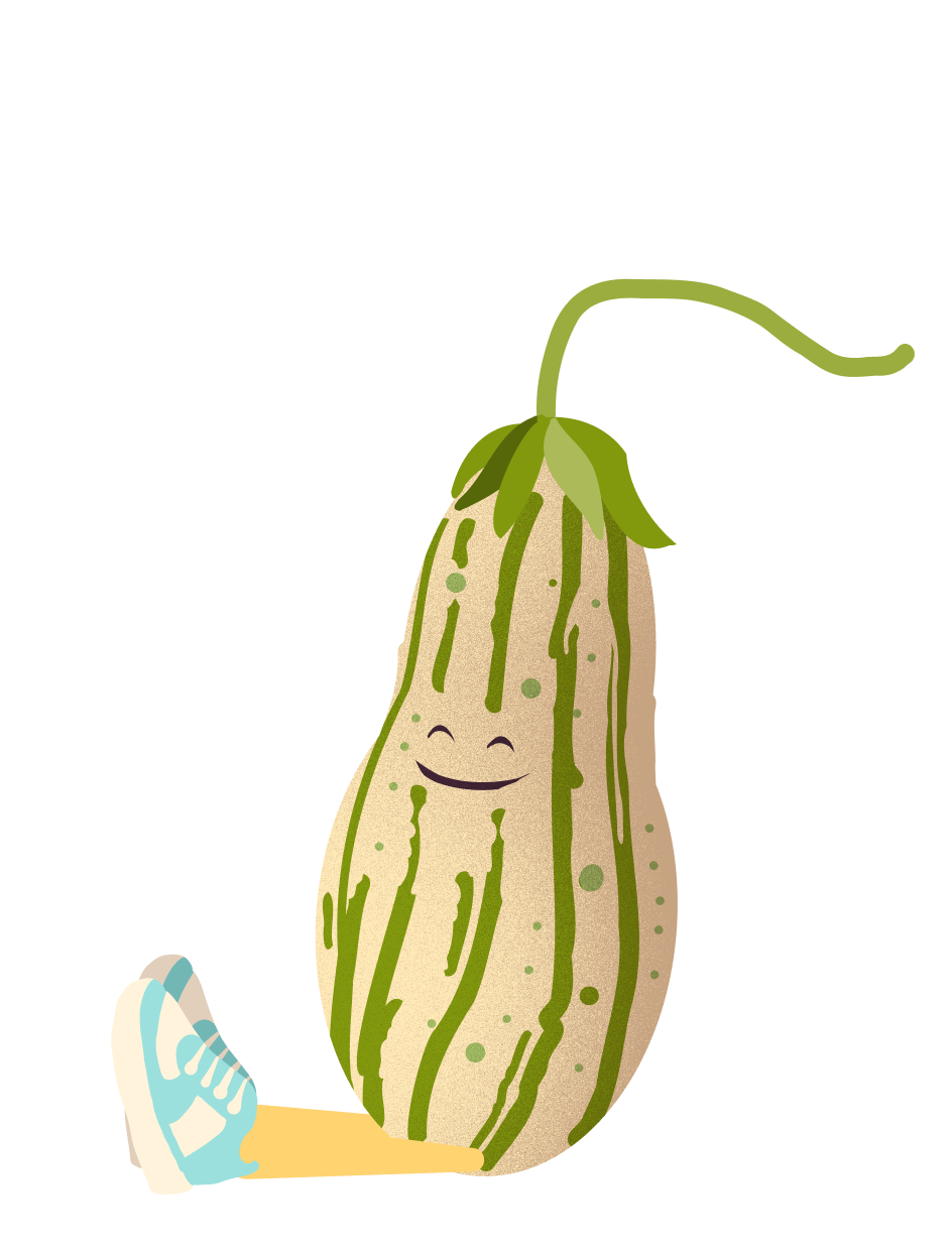 A smiling striped zucchini character.