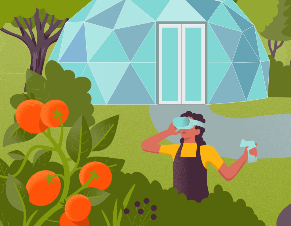 An illustrated garden: a gardener in a virtual-reality headset holds a spray bottle beside ripe tomatoes and a geodesic greenhouse dome.