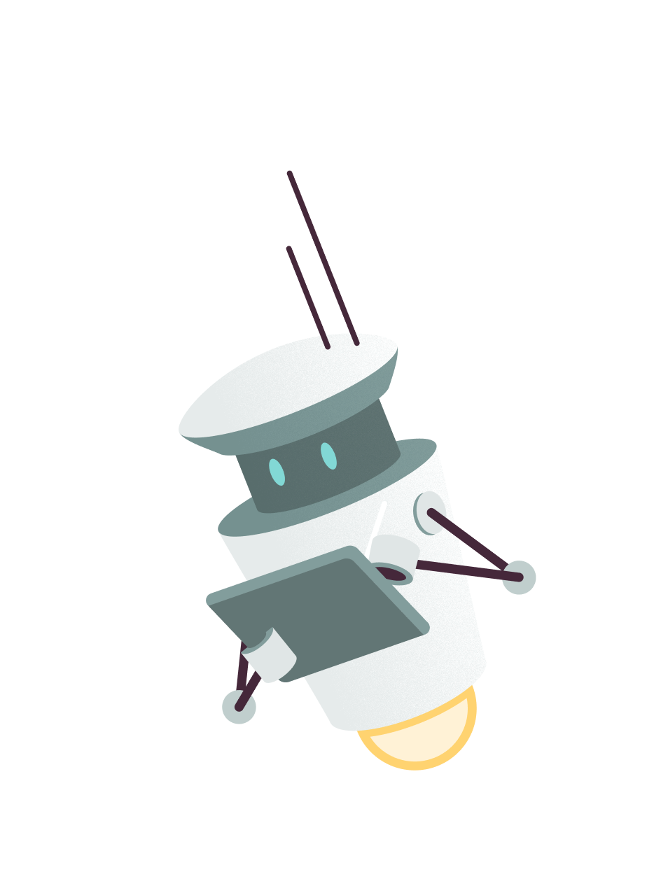 A white robot wearing a graduate's cap, tumbling through the air.