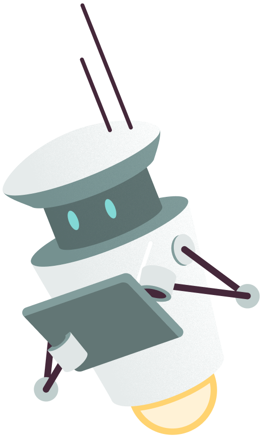 A white robot wearing a graduate's cap, tumbling through the air.