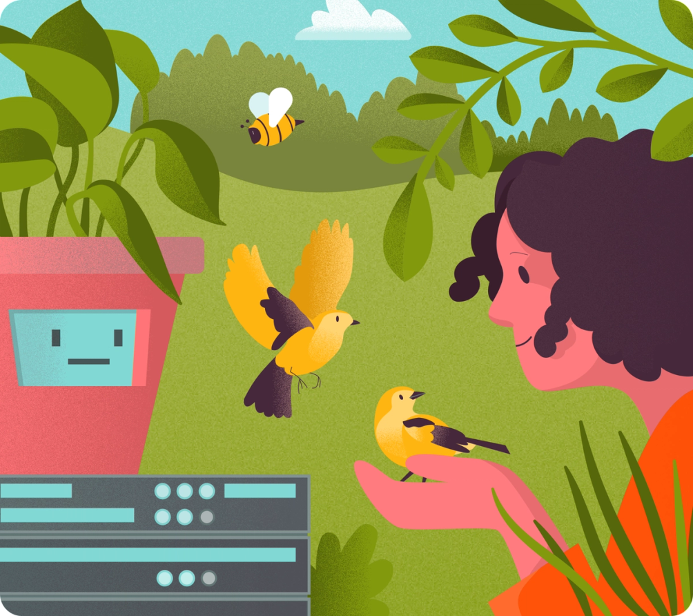 A hand reaches out as two yellow birds land on it, in an illustrated garden beside a pink planter holding a screen-faced robot.