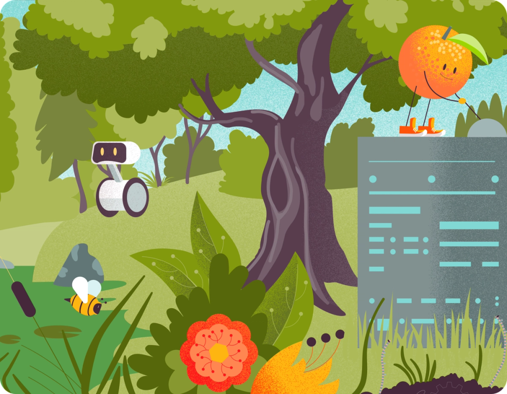 An illustrated meadow with a wheeled robot, a bee, a red flower and a smiling orange character perched on a server cabinet.