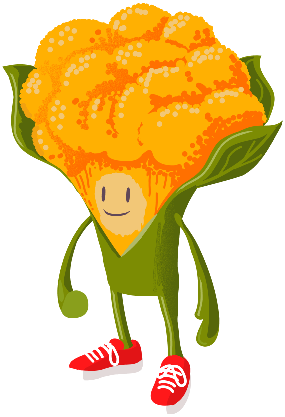 A cauliflower character in red sneakers.