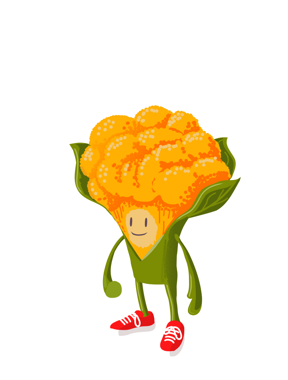 A cauliflower character in red sneakers.