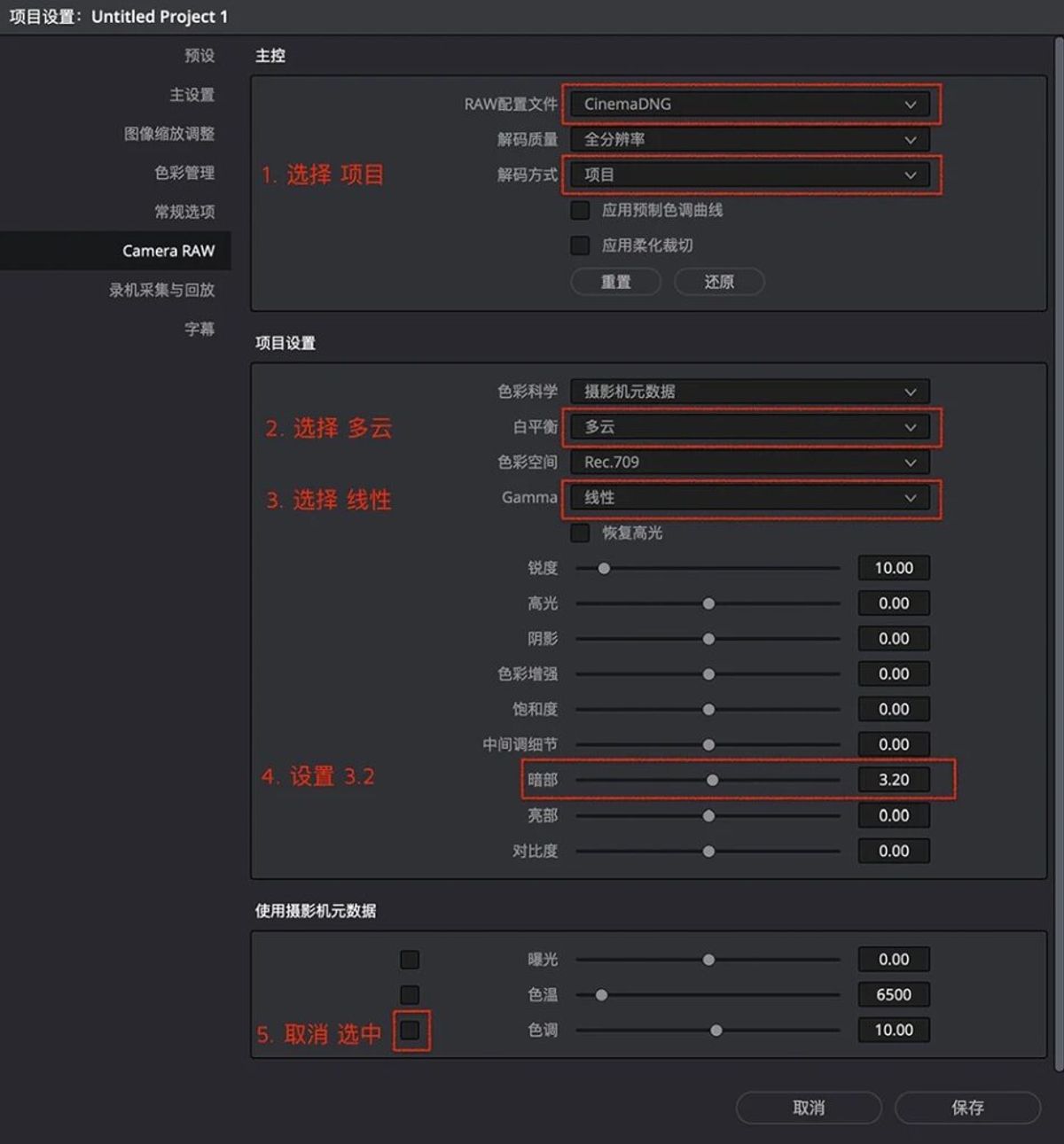 达芬奇无压缩RAW设置