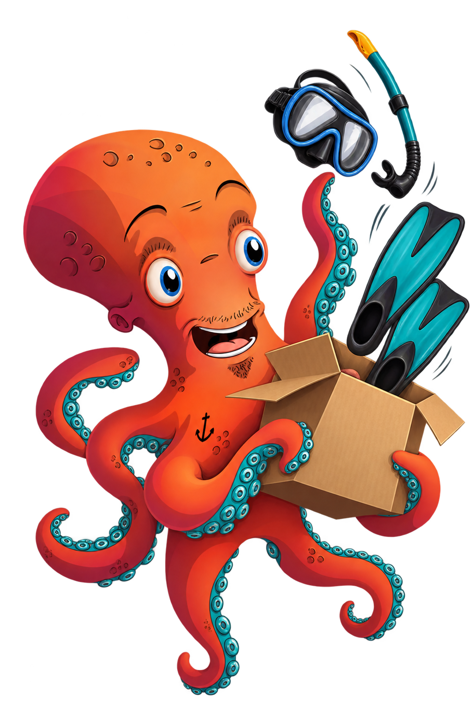 La mascotte Mabadive tient un carton de materiel de plongee : masque, tuba et palmes