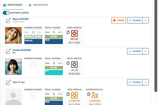 Les fiches plongeur dans Mabadive avec photo, justificatifs et formulaires