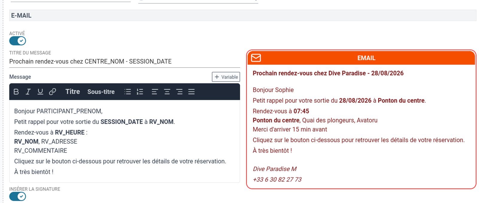 Éditeur de template avec variables et prévisualisation en temps réel