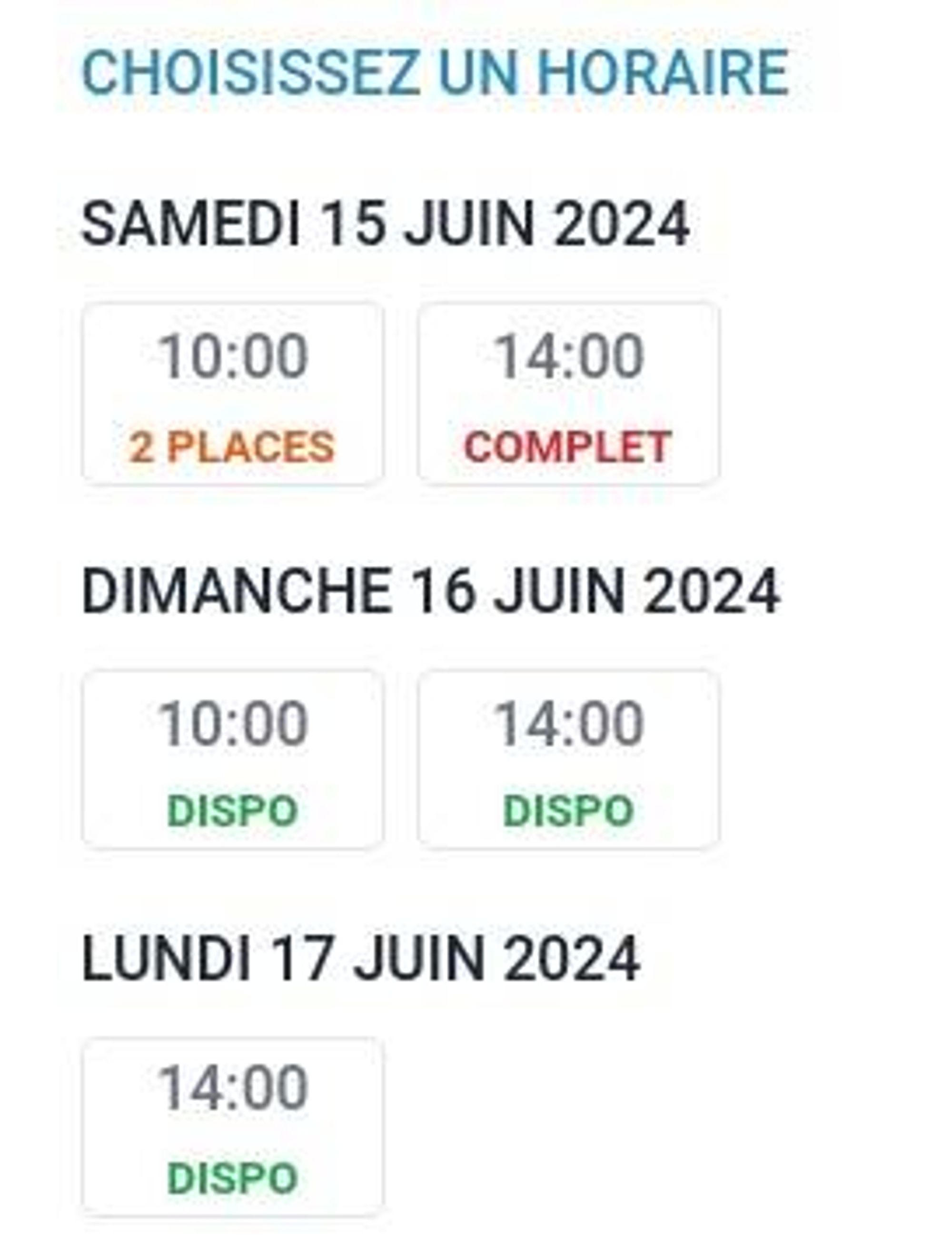 Choix de la session en fonction des places disponibles