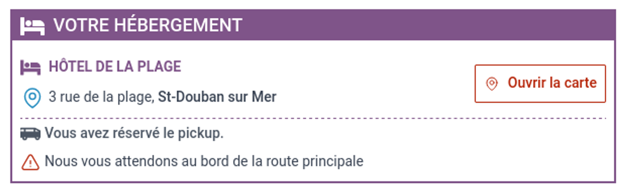 Géolocalisation de l'hôtel et informations de pickup