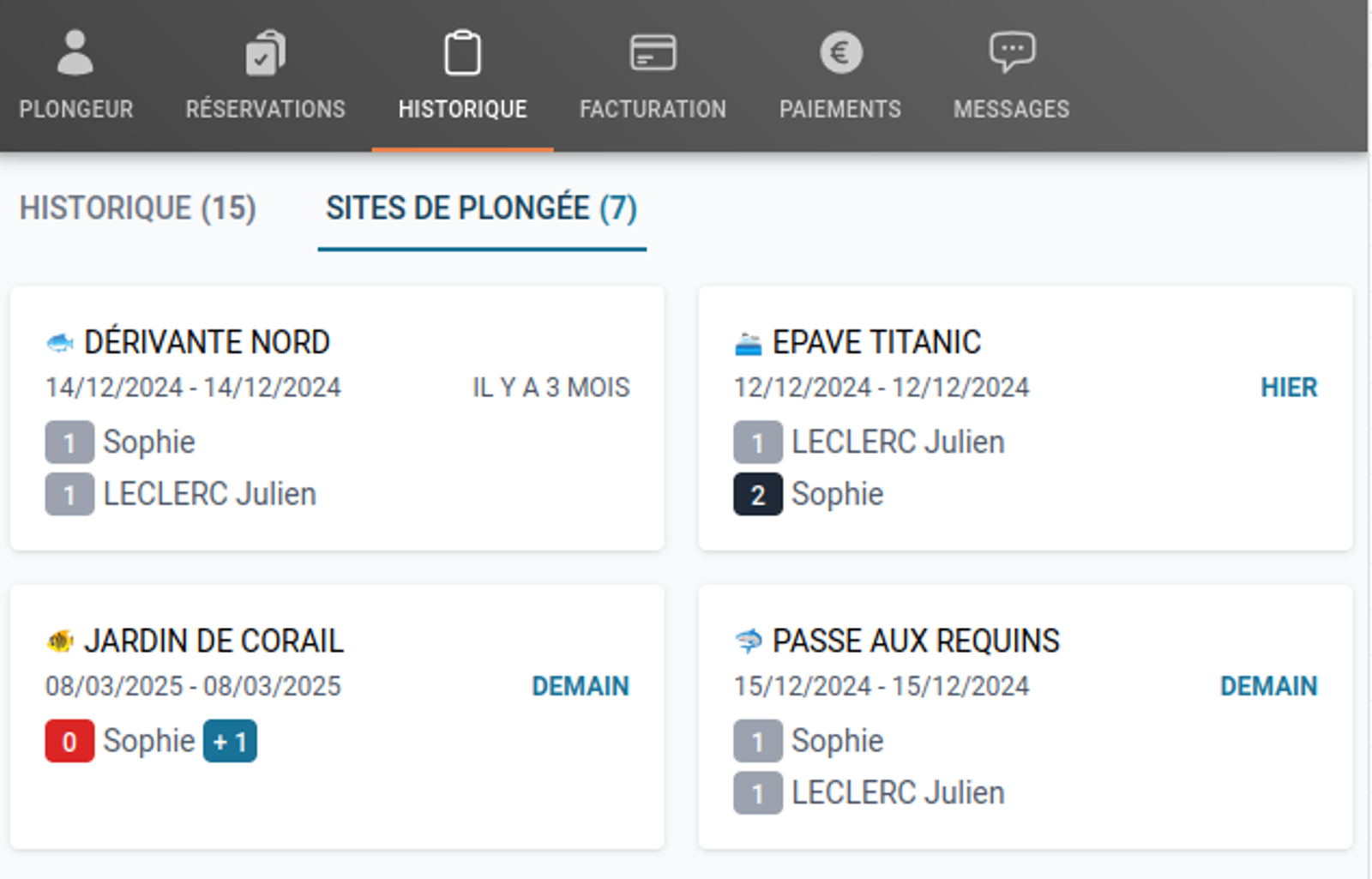 Historique site de plongée