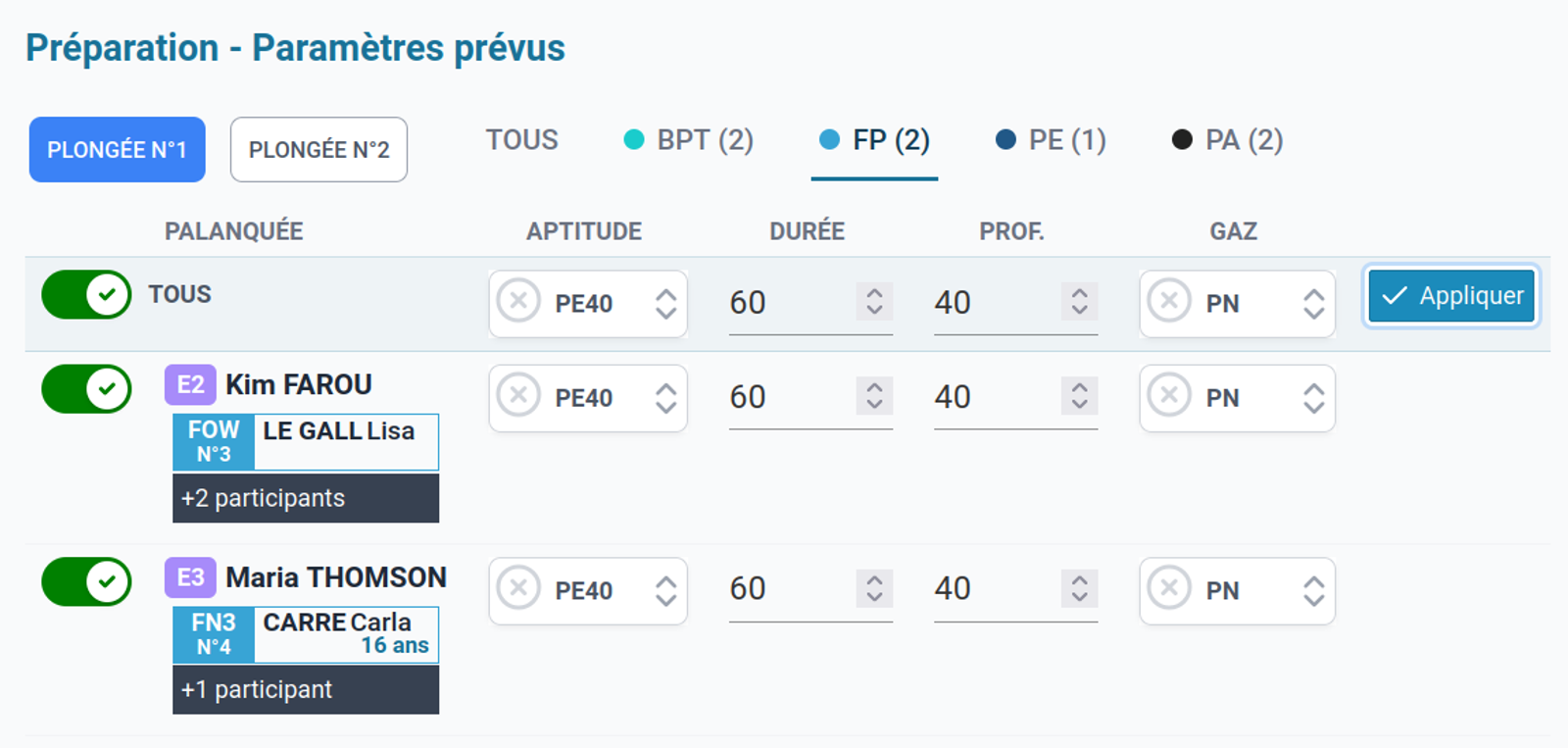 Préparation des paramètres prévus, édition par lot des palanquées
