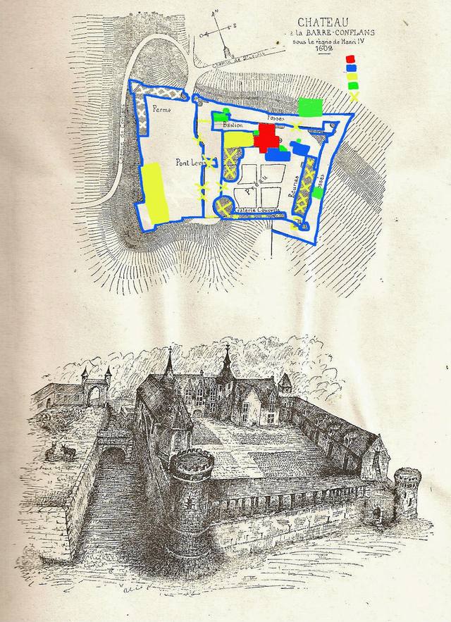Old plan and engraving of the fortified Château de la Barre-Conflans with its towers and moat