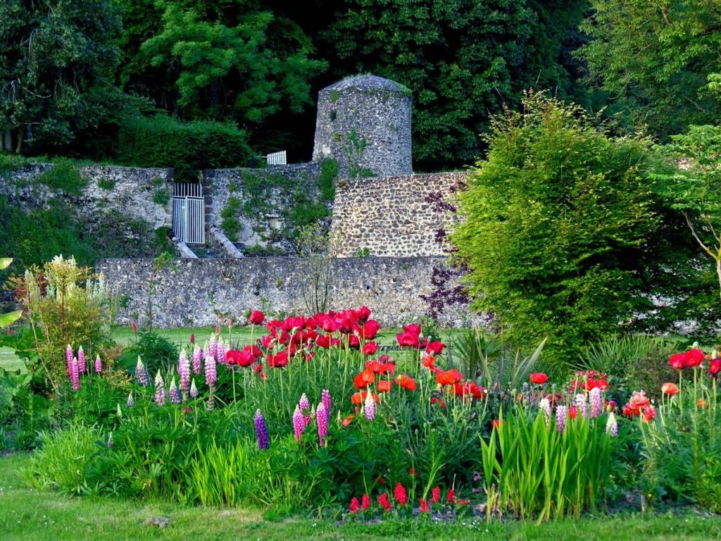 Red garden: border of red flowers and lupins before the old stone rampart and its round turret