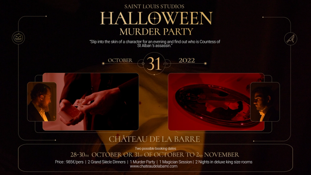 Poster for the Halloween Murder Party at Château de la Barre on 31 October 2022, with stay dates and price