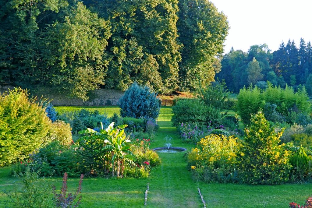 Garden in evening light: lawn paths between flower borders leading to a small fountain