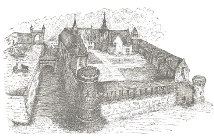 Gravure ancienne d'un château fortifié avec tour ronde, remparts et douves