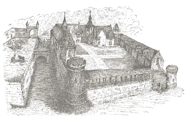 Gravure ancienne d'un château fortifié avec tour ronde, remparts et douves