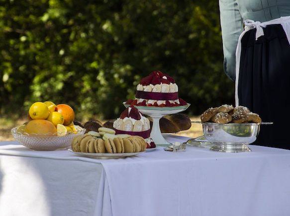 Garden-party buffet on a white tablecloth: cakes, meringues, madeleines, pastries and citrus fruit