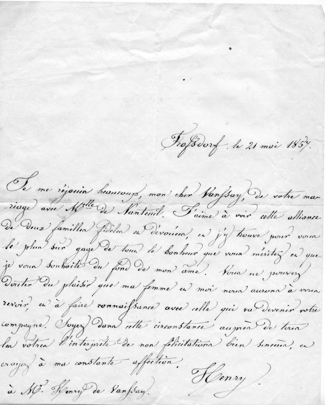 Handwritten letter dated 21 May 1857, addressed to a Vanssay and signed Henry