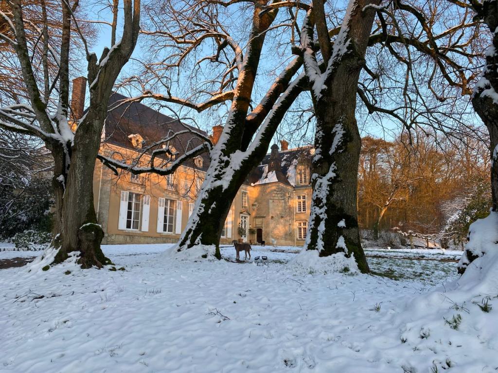 Le Château de la Barre sous la neige, vu à travers les arbres dénudés du parc