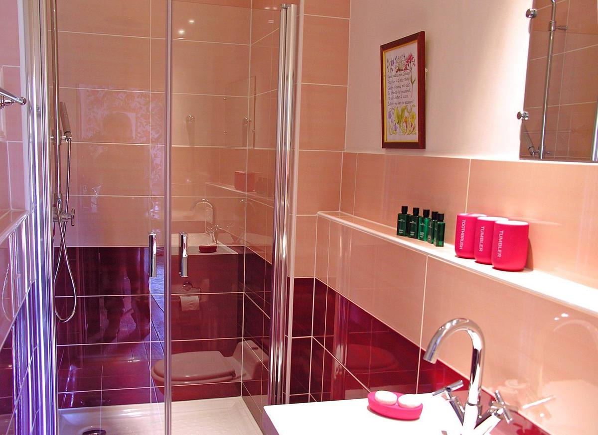 Suite Turquoise & Oiseaux shower room with pink and burgundy tiles and glass shower
