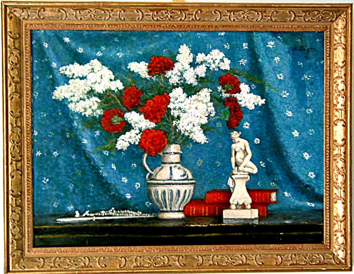 Painting of white lilac and red carnations in a stoneware jug beside a statuette, gilt frame