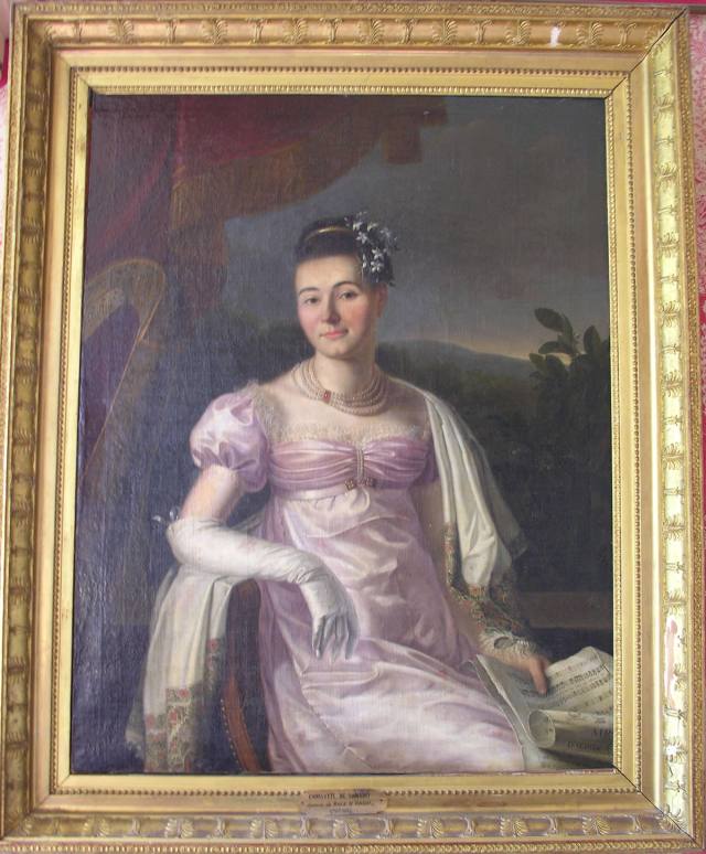 Portrait of a young woman in a lilac Empire-style gown, in a gilded frame