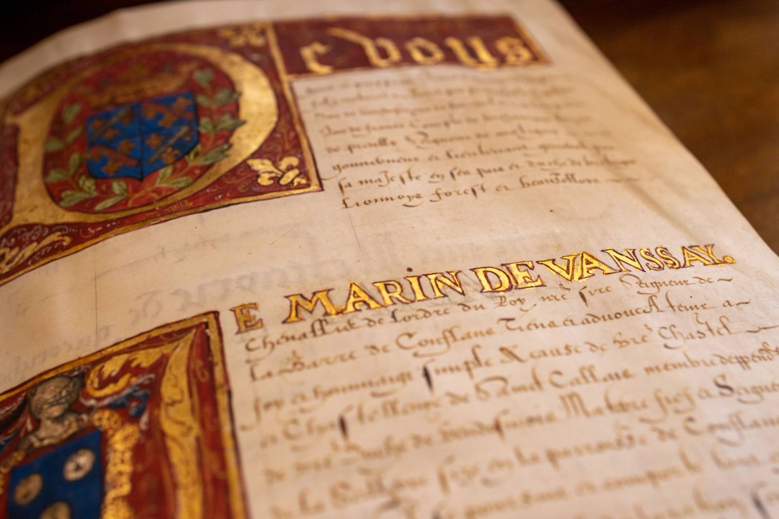 An illuminated manuscript of 1603 naming Marin de Vanssay, with painted coats of arms