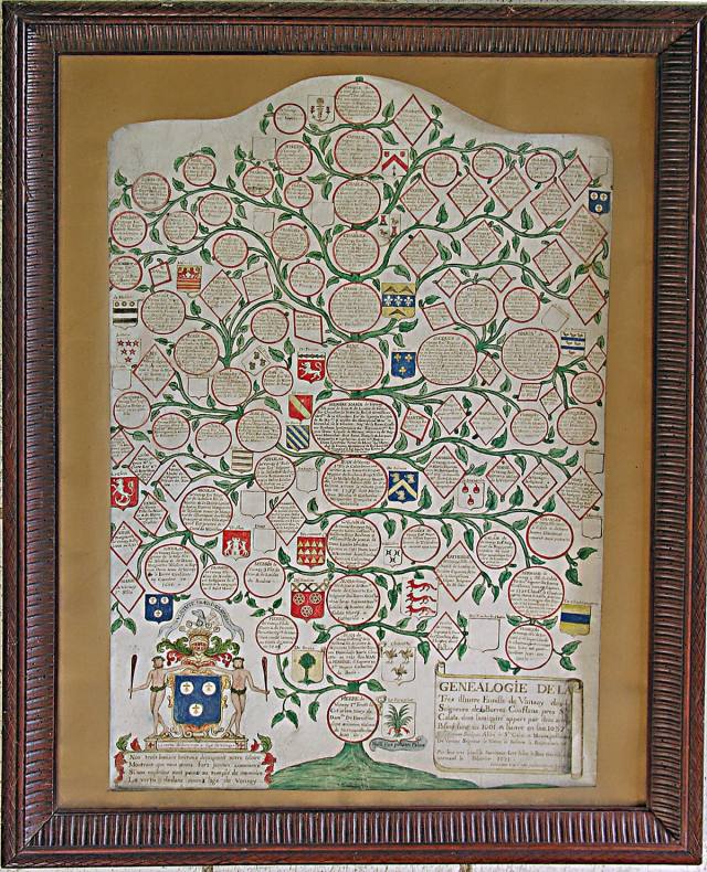 Framed family genealogy drawn as a tree, with coats of arms